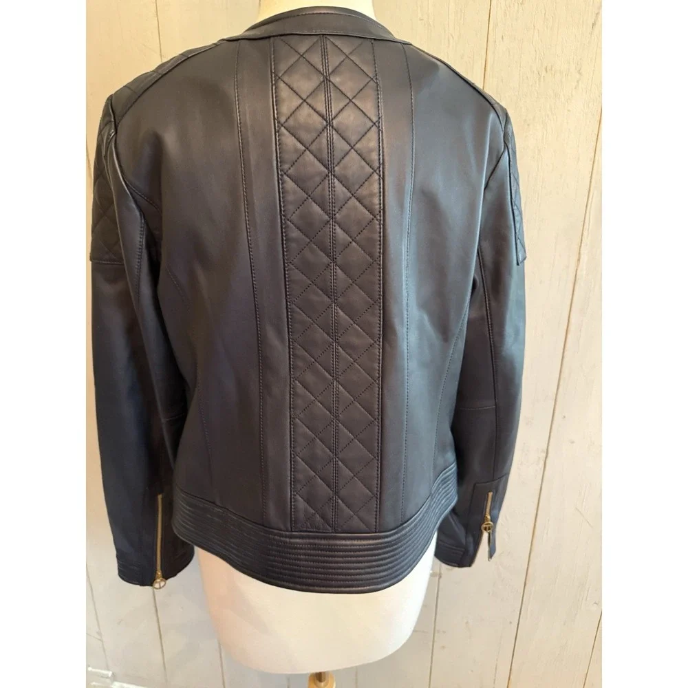 Tory‎ Burch Ryder Leather Jacket Soft Moto Gold Zip Sz-Lg Dark Navy NEW Rt 998$